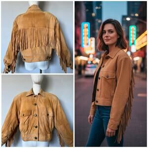 Andre Marc Sz M Vintage 100% Leather Suede Jacket Western Fringe Camel